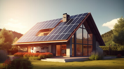 a realistic image of a house with photovoltaic panels on the roof generative ai
