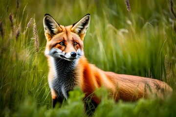 Fototapeta premium In a field's lush green grass and weeds, a lovely red fox image is depicted.