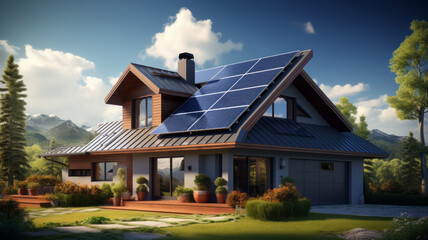 a realistic image of a house with photovoltaic panels on the roof generative ai