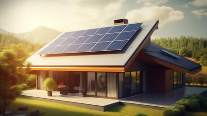 Fototapeta premium a realistic image of a house with photovoltaic panels on the roof generative ai