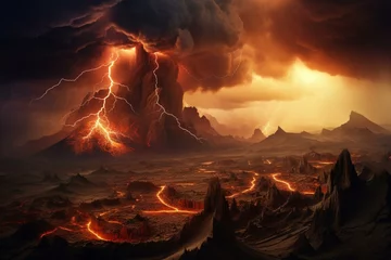Foto auf Alu-Dibond An image of dramatic volcanic wastelands with a powerful lightning storm. Generative AI © Meliora