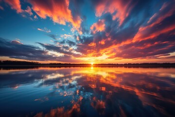 Bright colorful golden clouds at sunset over a beautiful calm forest lake reflecting the sky - obrazy, fototapety, plakaty