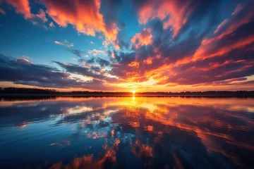 Zelfklevend Fotobehang Bright colorful golden clouds at sunset over a beautiful calm forest lake reflecting the sky © Маргарита Вайс