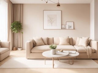 Modern interior japandi style design living room. Lighting and sunny Scandinavian apartment with plaster and wood. 3d render illustration