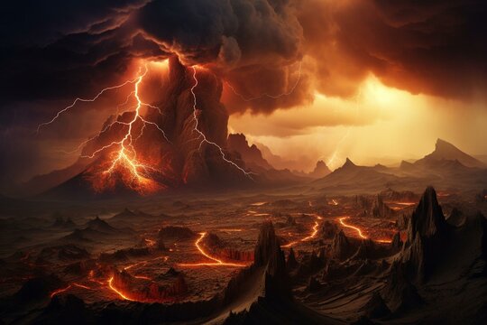An image of dramatic volcanic wastelands with a powerful lightning storm. Generative AI