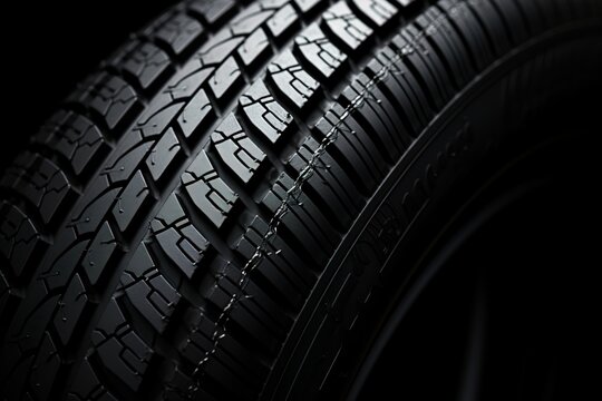 Close up of the tread of a black rubber car tire on a black background