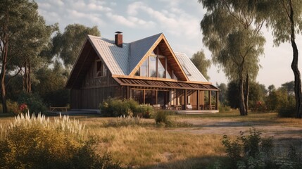 Obraz premium Peaceful house middle of the forest. Far away the city noise. Where you can live with your family safety and love. Generative AI Technology 