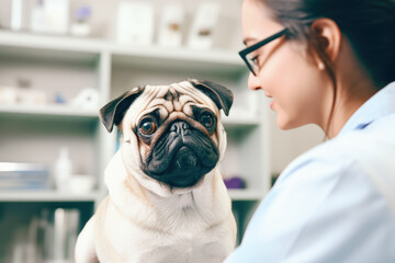 A professional vet examines a pug at the veterinary clinic, ensuring the dog's health and well-being.