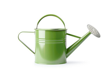 A closeup of a shiny green watering can isolated on white, promoting the vitality of outdoor plants and ensuring their well-being throughout the spring season.