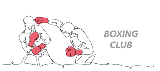 Two men boxers are fighting in red gloves. One continuous line art drawing of boxers in sparring. Vector illustration of boxer punch