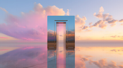 a door with rainbow in it, in the style of futuristic surrealism, translucent water, chrome-plated, romantic scenery, confessional, interactive installation, ethereal cloudscapes