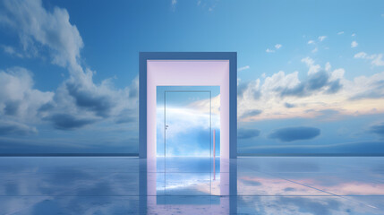 an empty door in front of a rainbow, in the style of hyper-realistic water, made of liquid metal, cubo-futurism, atmospheric installations, light sky-blue, interactive installations, modern minimalist