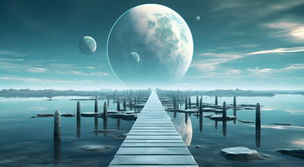 an abstract fantasy landscape with some planetary bodies and a pier in the middle, in the style of photo-realistic landscapes, cyan.. Generative AI.