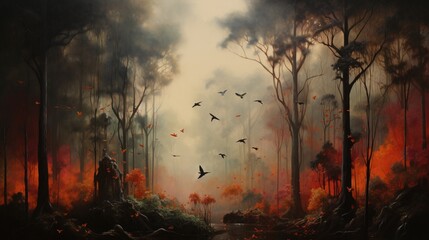 A tranquil forest scene interrupted by the sudden eruption of colorful birds taking flight