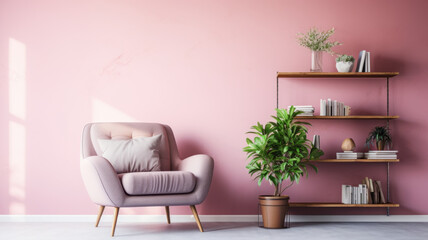 photograph of Comfortable armchair, shelving unit and houseplant near pastel wall.generative ai