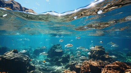  a large group of fish swimming in the ocean near rocks.  generative ai