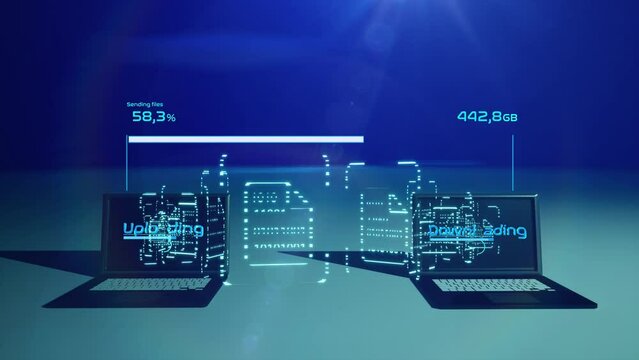 sending big data storage between devices in one moment. Modern futuristic 6g network data transfer animation