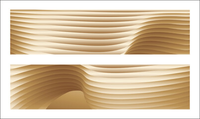 Wavy golden parallel gradient lines, ribbons, silk. Golden with shades of yellow background, banner, poster. Set of 2 backgrounds. Eps vector