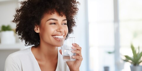 A beautiful young African American woman in white shirt is drinking a glass cup of water in the morning, on blurred white modern home background, healthy life style concept, with copy space.