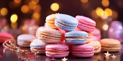 Obraz premium Piles of vivid colored macarons on shiny colorful celebrating background, for birthday party, anniversary and welcome party, with copy space.