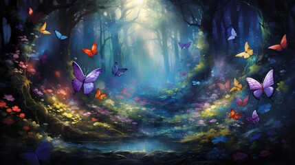 Obraz na płótnie Canvas A tranquil garden transformed by the sudden burst of colorful butterflies taking flight