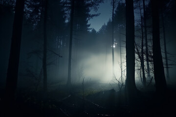 Fototapeta premium foggy and dark woods at night, mystery forest. Magical saturated foggy forest trees landscape. Generative AI
