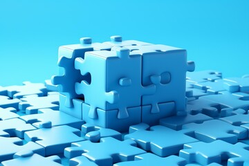 Incomplete puzzle on blue background. 3D illustration. Generative AI