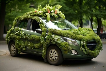 Eco-friendly car adorned with lush greenery, leaves, and flowers, promoting green energy and connection with nature. Generative AI