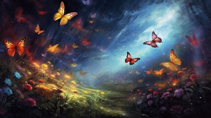 Fototapeta na wymiar A tranquil garden transformed by the sudden burst of colorful butterflies taking flight