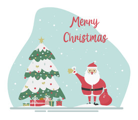 Fototapeta na wymiar Christmas card with Santa Claus, Christmas tree, decorations and text. Victor illustration in flat style.