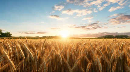  a field of wheat with the sun setting in the background.  generative ai - obrazy, fototapety, plakaty