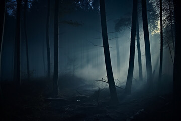 Naklejka premium foggy and dark woods at night, mystery forest. Magical saturated foggy forest trees landscape. Generative AI