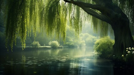A tranquil pond, with a weeping willow dipping its branches into the still water 