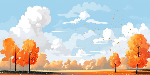 Landscape illustration of mixed forest in autumn season. Beautiful autumn park. Warm autumn. Cartoon animals, autumn trees, falling colorful leaves, clouds on the blue sky. Gold autumn. - obrazy, fototapety, plakaty