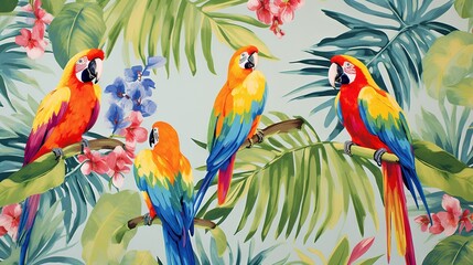  a group of colorful birds sitting on top of a tree branch.  generative ai