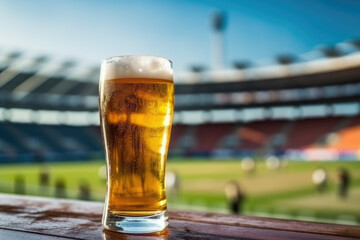 Glass of fresh and cold beer on soccer football stadium background - obrazy, fototapety, plakaty