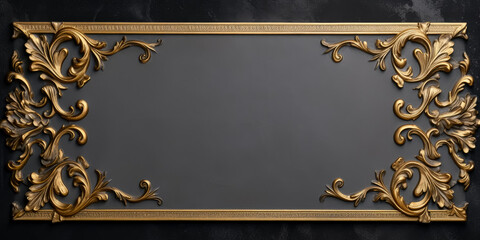 Vintage gold rectangular wall frame isolated on a gray background.
