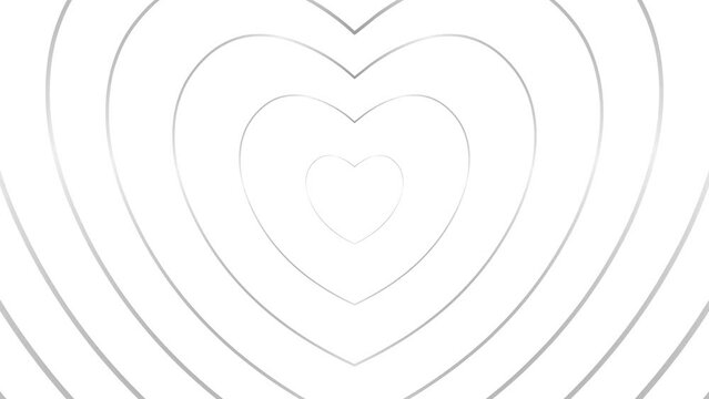 Animated increasing silver hearts appear from the center.  Background from linear symbol. Looped video. Vector illustration isolated on white background.