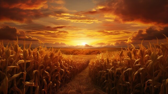  a painting of a sunset over a cornfield with a path leading to it.  generative ai