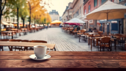 Cup of tea and empty wooden table of outdoor cafe for product display with blurred background. Autumn quiet city street in the background. - obrazy, fototapety, plakaty
