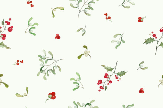 Watercolor Christmas seamles pattern with holly, mistletoe, berries. Hand drawn illustration. isolated on pastel background. Vector EPS.