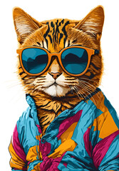 Stylish Cat with sunglasses dressed in colorful sportswear, urban style, isolated illustration