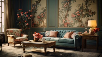 A vintage-inspired living room with Traditional Floral Wallpaper, exuding timeless charm and sophistication