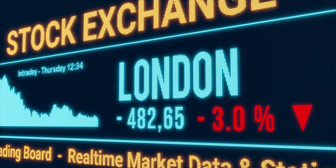 London, stock market moving down. Negative stock exchange data, falling chart on the screen. Red percentage sign, loss and investment. 3D illustration