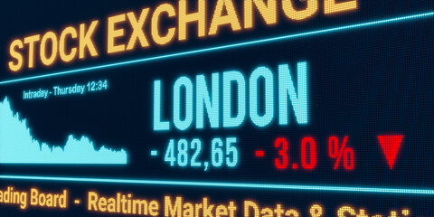 Fototapeta premium London, stock market moving down. Negative stock exchange data, falling chart on the screen. Red percentage sign, loss and investment. 3D illustration