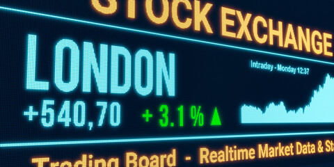 London, stock market moving up. Positive stock exchange data, rising chart on the screen. Green percentage sign, profit and investment. 3D illustration - obrazy, fototapety, plakaty