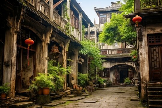 Ancient town in Guangzhou city, Guangdong, China with a historic hall built in 1275. Generative AI