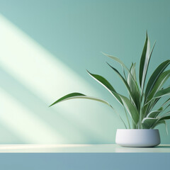 Green plant near blue wall with shadow from sun. Copy space. Square. Still life , art , minimal concept. Card and invitation aesthetic.