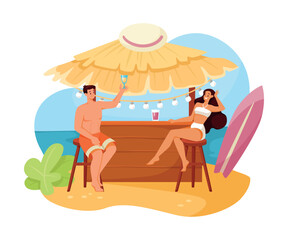 Happy Vacation with Man and Woman Couple Drinking Cocktail in Bar Together Vector Illustration