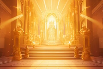 Illustration featuring throne hall with radiant light over the throne. Generative AI